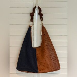 Cato Brown Croc-Texture and Denim Hobo Bag